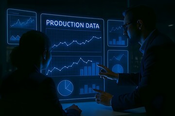 Two business people are analyzing production data on a futuristic digital screen, discussing charts and graphs for strategic planning in a modern factory