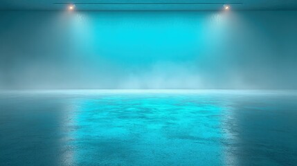 Obraz premium Blue Lit Room with Reflections and Mist, Ideal for Product Placement and Digital Backgrounds