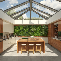 A kitchen with a living wall of herbs and vegetables, and a roof made entirely of glass that opens to the sky