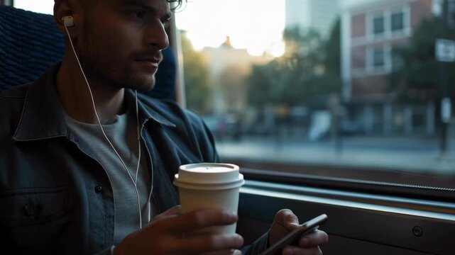 Young man commuting to work on public bus, holding smartphone in one hand and sipping takeaway coffee in morning sunlight through window, urban travel lifestyle cinematic video background for life
