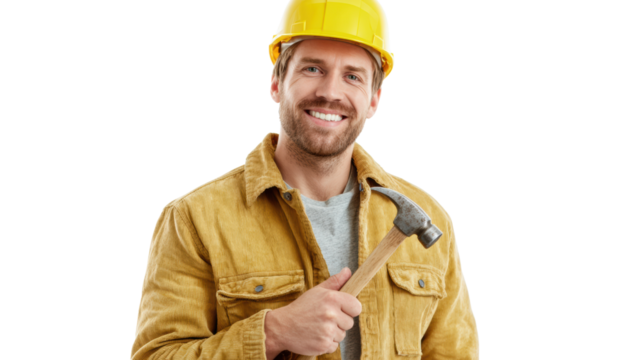 Smiling construction worker holding a hammer, wearing a yellow hard hat and brown jacket, white isolate background.