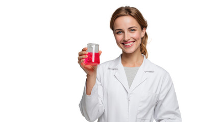 Smiling scientist holding a test tube with red liquid, dressed in lab coat, isolated on white background.