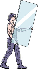 A woman carries a large pane of glass with both hands.