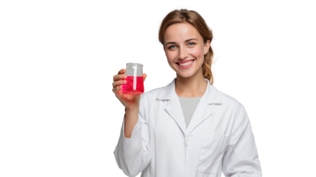 Smiling scientist holding a test tube with red liquid, dressed in lab coat, isolated on white background.