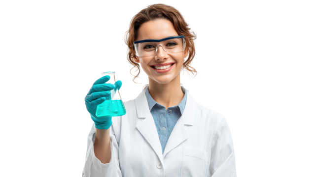 Smiling scientist holding a blue liquid in a flask, wearing glasses and gloves, in a laboratory setting.