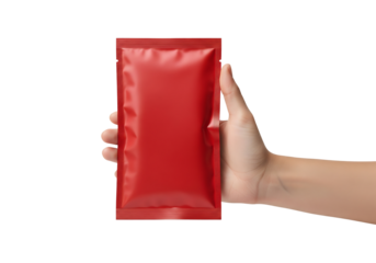 Hand holding a blank red foil sachet. Food or cosmetic packaging mockup template. Isolated on transparent background, png