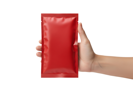 Hand holding a blank red foil sachet. Food or cosmetic packaging mockup template. Isolated on transparent background, png