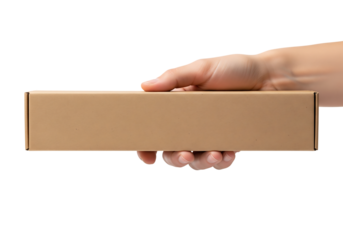 Hand holding a long brown cardboard box. Packaging and delivery service mockup. Isolated on transparent background, png
