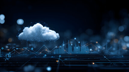Cloud computing concept with data analysis graphs and charts on a dark blue background with bokeh lights