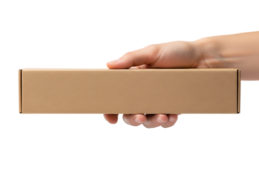 Hand holding a long brown cardboard box. Packaging and delivery service mockup. Isolated on transparent background, png