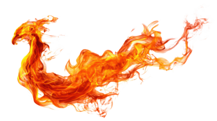 Vibrant phoenix-like figure made of fire against a white isolated background.