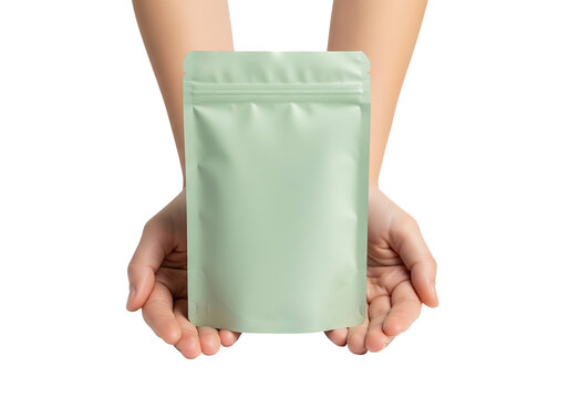 Hands holding a light green stand up pouch. Food packaging doypack mockup template. Isolated on transparent background, png