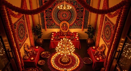 Fototapeta premium Beautiful Diwali celebration setup. A room adorned with traditional Indian decorations, including diyas, marigold flowers, and a Lakshmi puja altar.