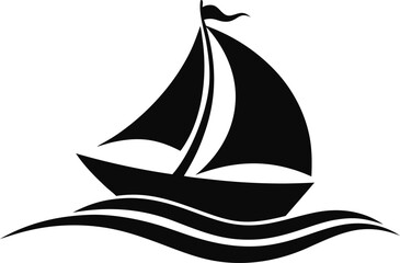 Sailing Boat with Waves Silhouette Vector Black and White