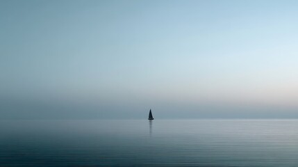 Fototapeta premium Sailboat sailing on calm sea at dusk, with hazy horizon. Sea travel background