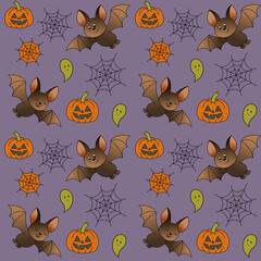 Seamless Halloween pattern with cute bats, pumpkins, cobwebs, and little ghosts on a purple background. Perfect for seasonal decor, party design, and textiles.