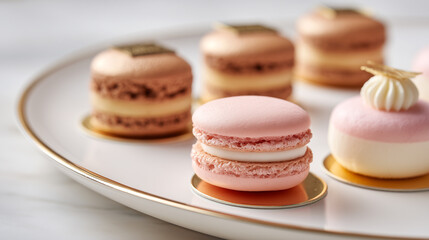 Elegant French macarons displayed on white porcelain plate with gold rim. Delicate pink and brown pastries showcase gourmet confectionery artistry in luxury bakery setting.