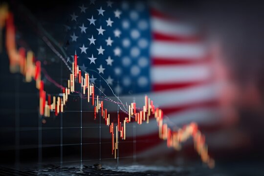 Stock market crash concept with falling candlestick chart and US flag reflection, symbolizing financial crisis, recession, and economic downturn.