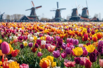 Vibrant tulip field with Dutch windmills in background