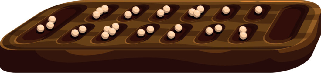 Mancala board game in progress, highlighting strategic gameplay with small stones or seeds