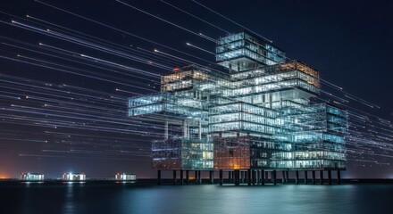Luminous Glass Citadel Over Water Amidst a Cascade of Light Trails
