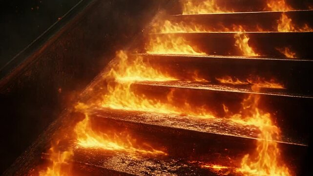Stairway to hell burning with bright flames at night