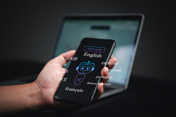 Smartphone AI translation app for global communication. A person holds a digital device displaying various languages, digital transformation, and the technology of machine learning