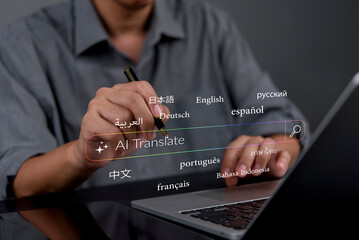 person in a modern workspace using a pen on a laptop, working with AI translation tools to...