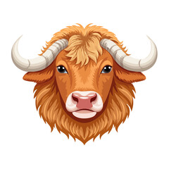 Isolated illustration of a ginger bull's head with large horns and a cute pink nose. Vector bull head on a black background