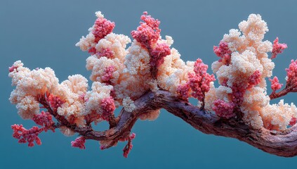 Delicate, pastel-hued blossom branch against a muted backdrop.  Soft, fluffy, light peach-toned blossoms cluster on a dark reddish-brown branch