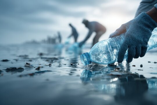 Volunteers pick up plastic bottle on beach