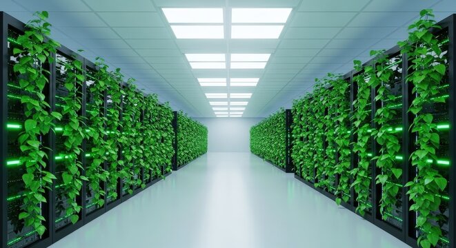 Rows of servers covered in green plants, sustainable technology concept