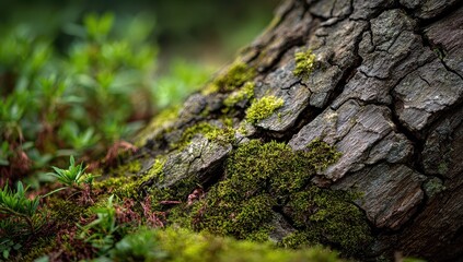 Close-up of a tree trunk covered in moss and small plants