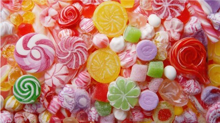 A colorful candy background featuring various types of hard candies