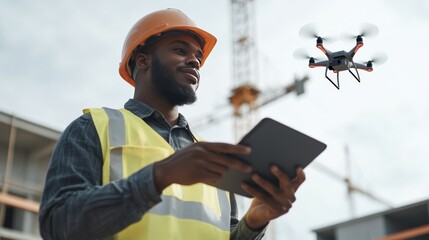 civil engineer using tablet on site, drone flying nearby for site mapping, digital twin interface