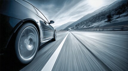 Obraz premium Dynamic automotive photography showcasing motion and speed on an open road leading to mountainous scenery
