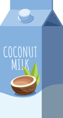 Carton of coconut milk with open coconut and leaves promoting healthy eating