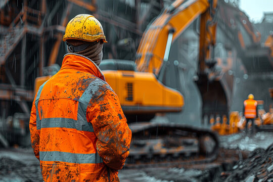 Construction worker in reflective safety jacket and helmet standing at industrial site with excavator in background