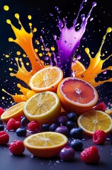 Hyper-realistic splash of fresh citrus and berries exploding with vibrant orange, purple, and white juices, dynamic high-energy composition on dark background, perfect for healthy lifestyle imagery.