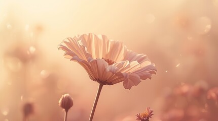 Fine art macro of delicate bloom against a shimmering peach-orange backdrop, fading to mauve, detailed center and stems, warm earthy palette, and soft, ethereal light for a timeless floral scene.

