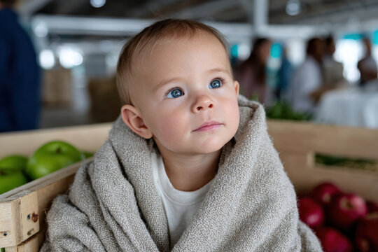A small boy with striking blue eyes sits thoughtfully wrapped in a soft beige blanket, surrounded by fresh green apples and red apples in a rustic wooden crate.