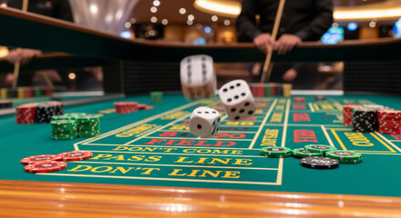 Craps table in a casino, moving dice during the game close-up, with a slightly blurred background. Concept of winning, jackpot, gambling addiction