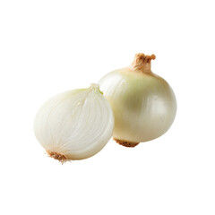 Fresh White Onions, One Whole and One Halved, Isolated on Black Background