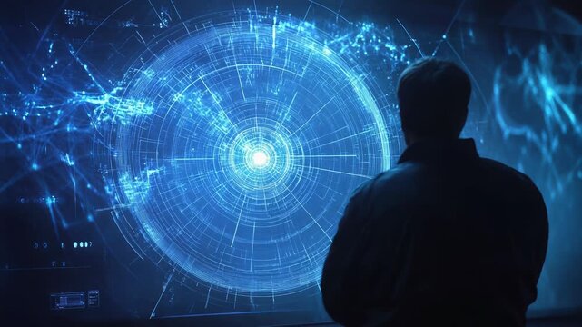 Scientist analyzing futuristic circular interface with global data and connections - Powered by Adobe