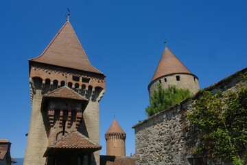 Fototapeta premium towers of the Chenaux Castle, a castle in the municipality of Estavayer-le-Lac of the Canton of Fribourg in Switzerland