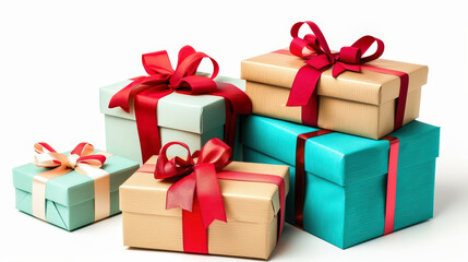 Obraz premium Stack of beige and light wood eco color gift boxes tied with red ribbons and bows, arranged on a white background for a festive, elegant presentation.