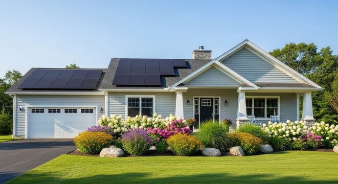 Suburban home with solar panels on roof and landscaped front yard