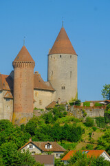 Fototapeta premium towers of the Chenaux Castle, a castle in the municipality of Estavayer-le-Lac of the Canton of Fribourg in Switzerland