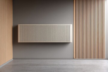 Contemporary wall-mounted cabinet with slatted design.