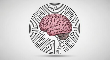A stylized illustration of a human brain encircled by a complex maze, symbolizing the complexities of the mind.